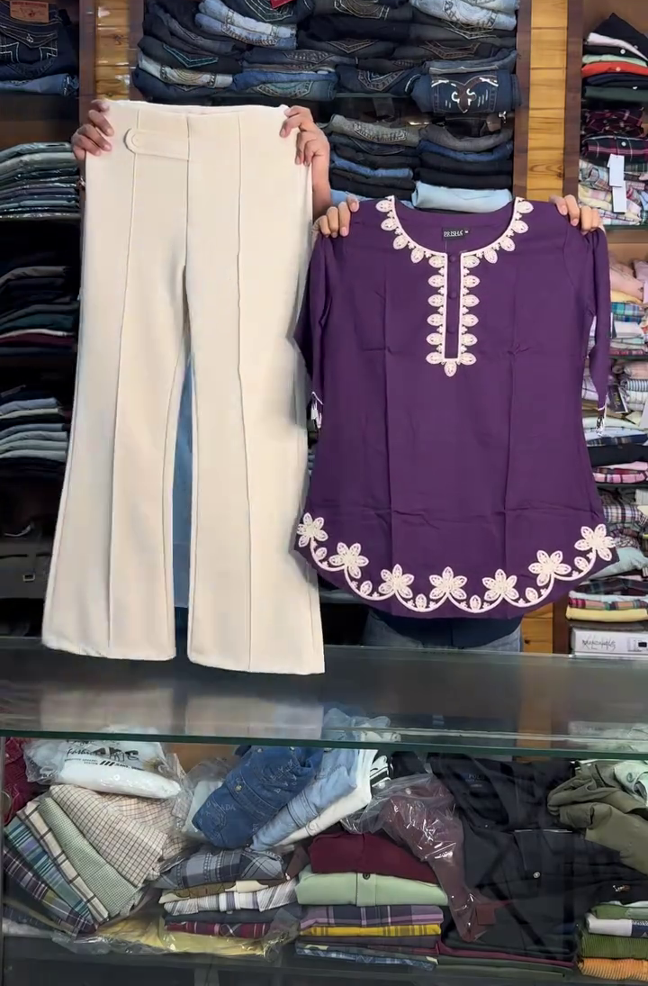 Elegant Ethnic Co-Ord Set – Embroidered Kurti with Classic Trousers