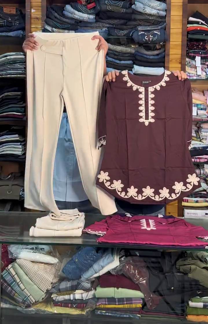 Elegant Ethnic Co-Ord Set – Embroidered Kurti with Classic Trousers