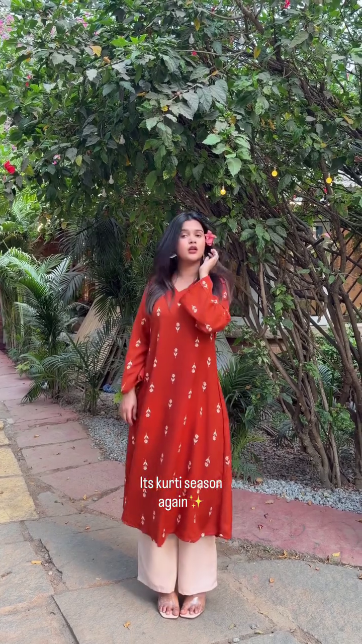 Orange Printed Kurti Set