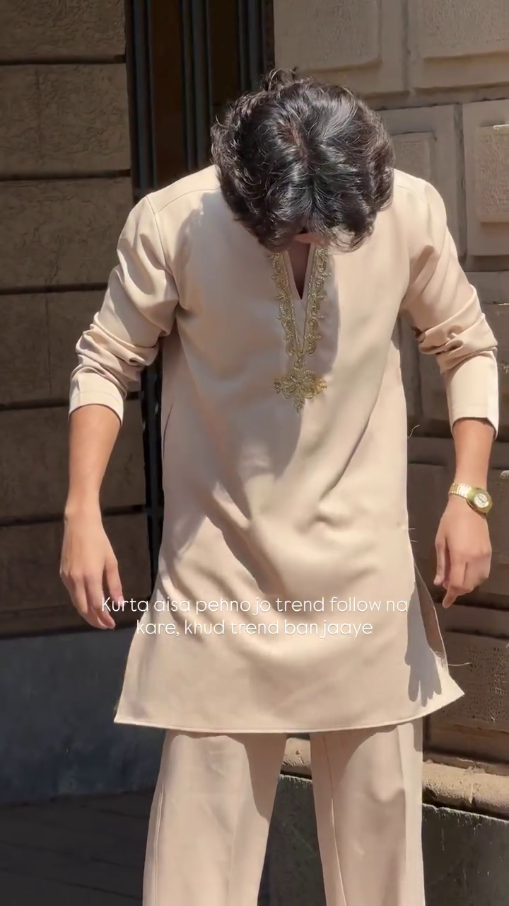 Beige Embroidered Kurta Set for Men