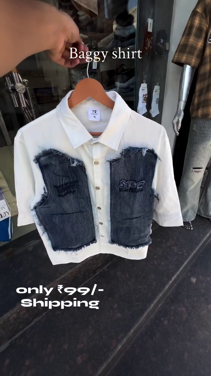 Trendy Denim Patch Baggy Shirt