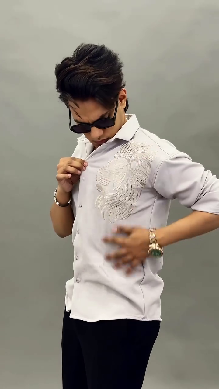 Grey Lion Embroidered Designer Shirt