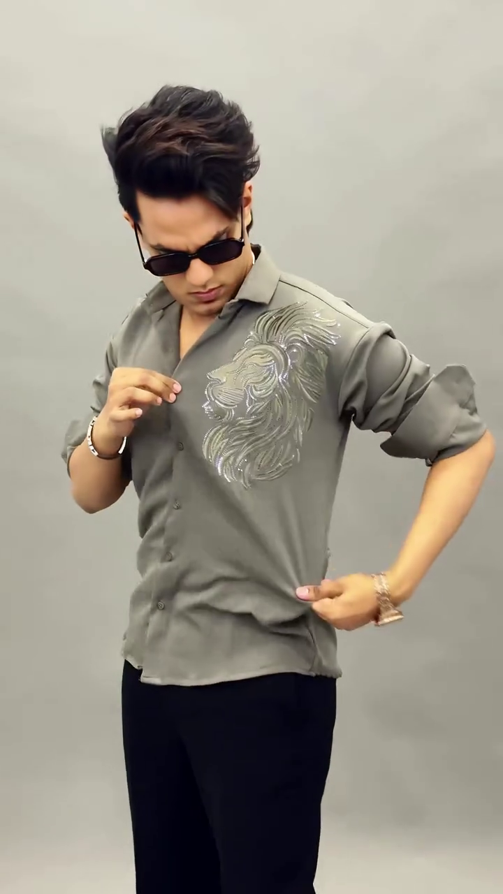 Grey Lion Embroidered Designer Shirt