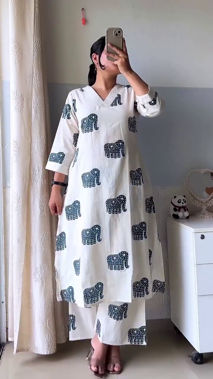 White Elephant Print Cotton Kurta Set