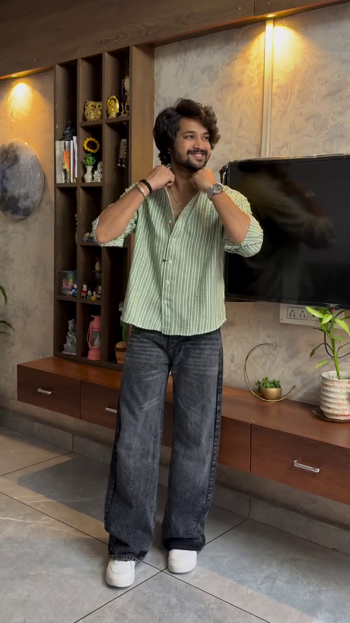 Green Striped Casual Shirt with Baggy Jeans