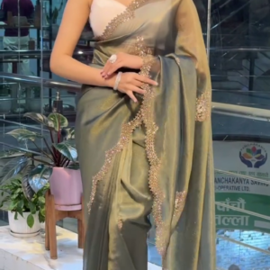 Royal Olive Green Satin Saree with Zarkhan Work